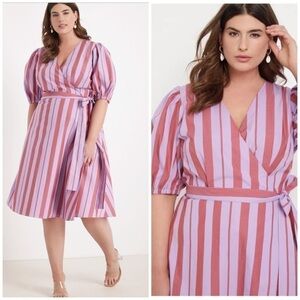 Eloquii Mauve Pink Opposing Stripes Puff Sleeves Wrap Midi Dress Plus Size 20